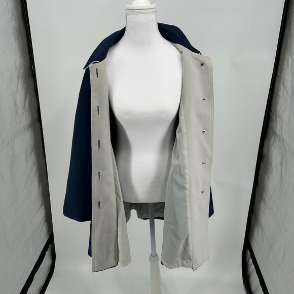Classic Navy Blue Gray Trim Button Front Women's Trench Coat Jacket Made in USA - Picture 8 of 15
